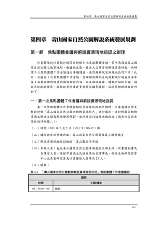 第四章 壽山國家自然公園解說系統發展規劃
4-1
第四章 壽山國家自然公園解說系統發展規劃
第一節 焦點團體會議與解說資源現地指認之辦理
計畫團隊於計畫執行期間共辦理 6 次焦點團體會議，其中為確認壽山國
家自然公園之地質地形、動植物生態、歷史人文等各項解說資源特色，共辦
理 5 次焦點團體工作會議進行專題講座、座談與解說資源現地指認工作；此
外，另藉由 1 次焦點團體工作會議，討論解說牌誌系統規劃設計規範及本年
度 4 面解說牌誌設置地點與解說內容，以及解說路線、據點之解說主題、解
說系統配套發展，與解說資料庫建置發展架構等議題。茲將其辦理過程說明
如下：
一、第一次焦點團體工作會議與解說資源現地指認
第一次焦點團體工作會議與解說資源現地指認之辦理，主要邀請張學文
教授針對「壽山國家自然公園之動物資源特色」進行講座，並針對園區動物
資源之解說主題及解說發展規劃，進行座談討論及現地指認（講座內容與座
談結論詳附錄二）。
（一）時間：101 年 7 月 5 日（四）9：00-17：00
（二）講座與座談會議地點：壽山國家自然公園籌備處 2 樓會議室
（三）解說資源現地指認地點：壽山龍泉寺步道
（四）參與人員：包括壽山國家自然公園籌備處歐正興主任、許書國秘書及
各課室人員、高雄市舊城文化協會梁淑貞理事長、特有生物研究保育
中心沈秀雀研究員及計畫團隊人員等共 21 人。
（五）議程：
表 4-1 「壽山國家自然公園動物解說資源特色研討」焦點團體工作會議議程
議程
時間 主題/講者
08：50-09：00  報到 
 