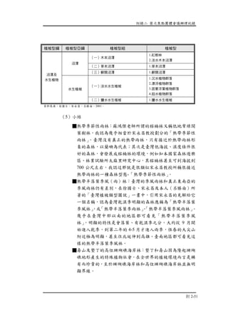 附錄二 歷次焦點團體會議辦理紀錄
附 2-51
植被型綱 植被型亞綱 植被型組 植被型
（一）木本沼澤
1.紅樹林
2.淡水木本沼澤
（二）草本沼澤 1.草本沼澤
沼澤
（三）蘚類沼澤 1.蘚類沼澤
（一）淡水水生植被
1.沉水植物群落
2.漂浮植物群落
3.固著浮葉植物群落
4.挺水植物群落
沼澤及
水生植物
水生植被
（二）鹽水水生植被 1.鹽水水生植被
資料來源：徐國士、宋永昌、呂勝由，2001。
（5）小結
■熱帶季節性雨林：蘇鴻傑老師所謂的榕楠林又稱低地常綠闊
葉樹林，我認為幾乎相當於宋永昌教授劃分的「熱帶季節性
雨林」。臺灣沒有真正的熱帶雨林，只有接近於熱帶雨林形
象的森林，以蘭嶼為代表；其次是臺灣低海拔、濕度條件很
好的森林，會發展成榕楠林的環境，例如知本國家森林遊樂
區、林業試驗所太麻里研究中心，其榕楠林甚至可到海拔到
700 公尺左右，我認這那就是很類似宋永昌教授所稱很接近
熱帶雨林的一種森林型態-「熱帶季節性雨林」。
■熱帶半落葉季風（雨）林：臺灣的季風雨林和真正東南亞的
季風雨林仍有差別，在徐國士、宋永昌及本人（呂勝由）所
著的「臺灣植被類型圖說」一書中，引用宋永昌的見解給它
一個名稱，認為臺灣乾濕季明顯的森林應稱為「熱帶半落葉
季風林」，或「熱帶半落葉季雨林」、「熱帶半落葉季風雨林」。
幾乎在臺灣中部以南的地區都可看見「熱帶半落葉季風
林」，明顯的特性是會落葉、有乾濕季之分，大約從 9 月開
始進入乾季，到第二年的 4-5 月才進入雨季，恆春的大尖山
附近極為明顯，甚至往北延伸到高雄、臺南地區都可看見這
樣的熱帶半落葉季風林。
■壽山及墾丁的高位珊瑚礁海岸林：墾丁和壽山因為隆起珊瑚
礁地形產生的特殊植物社會，在全世界的植被環境而言是稀
有而珍貴的，至於珊瑚礁海岸林和高位珊瑚礁海岸林並無明
顯界線。
 