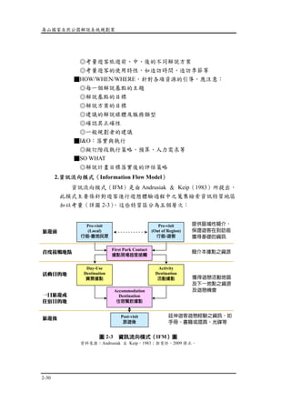 壽山國家自然公園解說系統規劃案
2-30
◎考量遊客旅遊前、中、後的不同解說方案
◎考量遊客的使用特性，如造訪時間、造訪季節等
■HOW/WHEN/WHERE，針對各項資源的引導，應注意：
◎每一個解說基點的主題
◎解說基點的目標
◎解說方案的目標
◎建議的解說媒體及服務類型
◎確認其正確性
◎一般規劃者的建議
■I&O：落實與執行
◎擬訂階段執行策略、預算、人力需求等
■SO WHAT
◎解說計畫目標落實後的評估策略
2.資訊流向模式（Information Flow Model）
資訊流向模式（IFM）是由 Andrusiak ＆ Keip（1983）所提出，
此模式主要係針對遊客進行遊憩體驗過程中之蒐集檢索資訊特質地區
加以考量（詳圖 2-3）。這些特質區分為五個層次：
圖 2-3 資訊流向模式（IFM）圖
資料來源：Andrusiak ＆ Keip，1983；郭育任，2009 修正。
旅遊前
首度接觸地點
一日旅遊或
住宿目的地
活動目的地
旅遊後
Pre-visit
(Local)
行前-當地民眾
First Park Contact
據點現場首度接觸
Accommodation
Destination
住宿餐飲據點
Pre-visit
(Out of Region)
行前-遊客
Post-visit
旅遊後
提供區域性簡介，
保證遊客在到訪前
獲得基礎的資訊
簡介本據點之資源
獲得遊憩活動地區
及下一地點之資源
及遊憩機會
延伸遊客遊憩經驗之資訊，如
手冊、書籍或摺頁、光碟等
Day-Use
Destination
賞景據點
Activity
Destination
活動據點
 