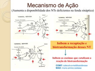Mecanismo de Ação
(Aumenta a disponibilidade dos NTs deficientes na fenda sináptica)
Inibem a recaptação e
biotransformação desses NT
Inibem as enzimas que catalisam a
reação de biotransformação
COMT: catecol-o-metiltransferase
MAO: mono amino oxidase
 