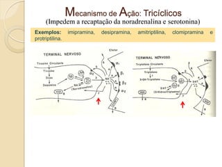 Exemplos: imipramina, desipramina, amitriptilina, clomipramina e
protriptilina.
(Impedem a recaptação da noradrenalina e serotonina)
Mecanismo de Ação: Tricíclicos
 
