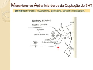 Exemplos: fluoxetina, fluvoxamina, paroxetina, sertralina e citalopram.
Mecanismo de Ação: Inibidores da Captação de 5HT
 