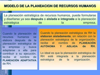 MODELO DE LA PLANEACION DE RECURSOS HUMANOSMODELO DE LA PLANEACION DE RECURSOS HUMANOS
La planeación estratégica de recursos humanos, puede formularse
y diseñarse ya sea después o aislada e integrada a la planeación
estratégica de la empresa.
Cuando la planeación de
recursos humanos se
elabora después de la
planeación estratégica de
la empresa y busca
adaptarse a ella para
contribuir a su ejecución,
recibe el nombre de
PLANEACIÓN ADAPTATIVA
de RH.
Cuando la planeación estratégica de RH la
elaboran aisladamente, sin relación con la
planeación estratégica de la organización,
recibe el nombre de PLANEACIÓN
AUTÓNOMA Y AISLADA de RH.
Lo ideal es que la planeación estratégica de
RH esté integrada a la planeación
estratégica de la organización.
 