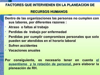 FACTORES QUE INTERVIENEN EN LA PLANEACION DEFACTORES QUE INTERVIENEN EN LA PLANEACION DE
RECURSOS HUMANOSRECURSOS HUMANOS
Dentro de las organizaciones las personas no cumplen con
sus labores, por diferentes razones :
• Atraso o faltas al trabajo
• Perdidas de trabajo por enfermedad
• Perdidas por cumplir compromisos personales que solo
pueden ser atendidos en el horario laboral
• Sufren accidentes
• Vacaciones anuales
Por consiguiente, es necesario tener en cuenta el
ausentismo y la rotación de personal, para elaborar la
planeación de RH.
 