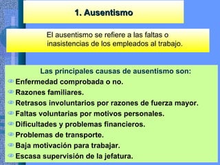 1. Ausentismo1. Ausentismo
El ausentismo se refiere a las faltas o
inasistencias de los empleados al trabajo.
Las principales causas de ausentismo son:
Enfermedad comprobada o no.
Razones familiares.
Retrasos involuntarios por razones de fuerza mayor.
Faltas voluntarias por motivos personales.
Dificultades y problemas financieros.
Problemas de transporte.
Baja motivación para trabajar.
Escasa supervisión de la jefatura.
 