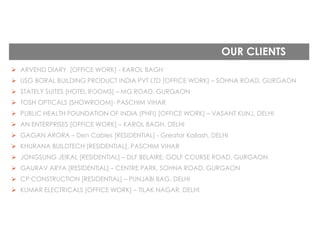 OUR CLIENTS
 ARVEND DIARY [OFFICE WORK] - KAROL BAGH
 USG BORAL BUILDING PRODUCT INDIA PVT LTD [OFFICE WORK] – SOHNA ROAD, GURGAON
 STATELY SUITES [HOTEL ROOMS] – MG ROAD, GURGAON
 TOSH OPTICALS [SHOWROOM]- PASCHIM VIHAR
 PUBLIC HEALTH FOUNDATION OF INDIA (PHFI) [OFFICE WORK] – VASANT KUNJ, DELHI
 AN ENTERPRISES [OFFICE WORK] – KAROL BAGH, DELHI
 GAGAN ARORA – Den Cables [RESIDENTIAL] - Greator Kailash, DELHI
 KHURANA BUILDTECH [RESIDENTIAL], PASCHIM VIHAR
 JONGSUNG JEIKAL [RESIDENTIAL] – DLF BELAIRE, GOLF COURSE ROAD, GURGAON
 GAURAV ARYA [RESIDENTIAL] – CENTRE PARK, SOHNA ROAD, GURGAON
 CP CONSTRUCTION [RESIDENTIAL] – PUNJABI BAG, DELHI
 KUMAR ELECTRICALS [OFFICE WORK] – TILAK NAGAR, DELHI
 