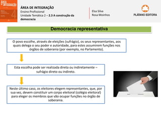 ÁREA DE INTEGRAÇÃO
Ensino Profissional
Unidade Temática 2 – 2.3 A construção da
democracia
Elsa Silva
Rosa Moinhos
Democracia representativa
O povo escolhe, através de eleições (sufrágio), os seus representantes, aos
quais delega o seu poder e autoridade, para estes assumirem funções nos
órgãos de soberania (por exemplo, no Parlamento).
Esta escolha pode ser realizada direta ou indiretamente –
sufrágio direto ou indireto.
Neste último caso, os eleitores elegem representantes, que, por
sua vez, devem constituir um corpo eleitoral (colégio eleitoral)
para eleger os membros que vão ocupar funções no órgão de
soberania.
 