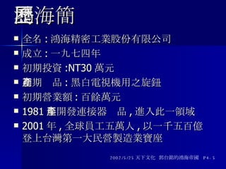 鴻海簡歷 全名 : 鴻海精密工業股份有限公司 成立 : 一九七四年 初期投資 :NT30 萬元 初期產品 : 黑白電視機用之旋鈕 初期營業額 : 百餘萬元 1981 年開發連接器產品 , 進入此一領域 2001 年 , 全球員工五萬人 , 以一千五百億登上台灣第一大民營製造業寶座 2002/5/25 天下文化  郭台銘的鴻海帝國  P4-5 