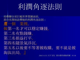 站在辦公室巨幅世界第圖面前， 郭台名開始詮釋他的利潤角逐法則： 『一個產業裡， 做 第一名才可以穩定賺錢 ， 第二名有點錢賺 ， 第三名損益打平 ， 第四名隨景氣浮沉 ， 第五名以後要不等著被收購，要不就是被淘汰出局 。』 2002/5/25 天下文化  郭台銘的鴻海帝國  P138 利潤角逐法則 