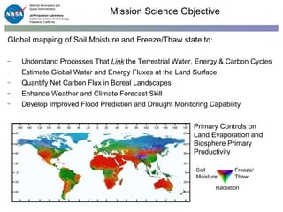Global mapping of   Soil Moisture and Freeze/Thaw state to : Understand Processes That  Link  the Terrestrial Water, Energy & Carbon Cycles Estimate Global Water and Energy Fluxes at the Land Surface Quantify Net Carbon Flux in Boreal Landscapes Enhance Weather and Climate Forecast Skill Develop Improved Flood Prediction and Drought Monitoring Capability Mission Science Objective Primary Controls on Land Evaporation and Biosphere Primary Productivity Freeze/ Thaw Radiation Soil  Moisture 