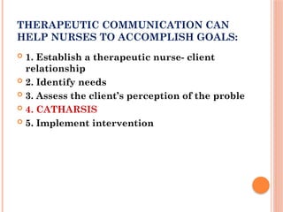 THERAPEUTIC COMMUNICATION CAN
HELP NURSES TO ACCOMPLISH GOALS:
 1. Establish a therapeutic nurse- client
relationship
 2. Identify needs
 3. Assess the client’s perception of the proble
 4. CATHARSIS
 5. Implement intervention
 