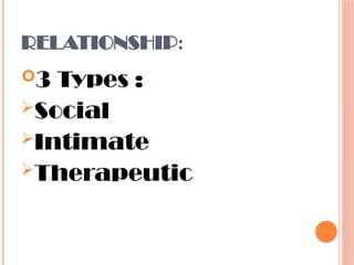RELATIONSHIP:
3 Types :
Social
Intimate
Therapeutic
 