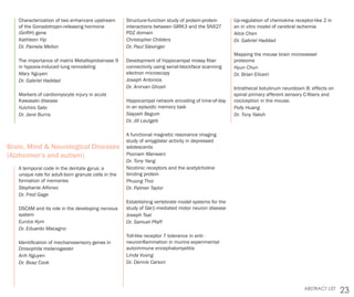 23ABSTRACT LIST
Characterization of two enhancers upstream
of the Gonadotropin-releasing hormone
(GnRH) gene
Kathleen Yip
Dr. Pamela Mellon
The importance of matrix Metalloprotainase 9
in hypoxia-induced lung remodeling
Mary Nguyen
Dr. Gabriel Haddad
Markers of cardiomyocyte injury in acute
Kawasaki disease
Yuichiro Sato
Dr. Jane Burns
Brain, Mind & Neurological Diseases
(Alzheimer’s and autism)
A temporal code in the dentate gyrus: a
unique role for adult-born granule cells in the
formation of memories
Stephanie Alfonso
Dr. Fred Gage
DSCAM and its role in the developing nervous
system
Eunice Kym
Dr. Eduardo Macagno
Identification of mechanosensory genes in
Drosophila melanogaster
Anh Nguyen
Dr. Boaz Cook
Structure-function study of protein-protein
interactions between GIRK3 and the SNX27
PDZ domain
Christopher Childers
Dr. Paul Slesinger
Development of hippocampal mossy fiber
connectivity using serial-blockface scanning
electron microscopy
Joseph Antonios
Dr. Anirvan Ghosh
Hippocampal network encoding of time-of-day
in an episodic memory task
Slayyeh Begum
Dr. Jill Leutgeb
A functional magnetic resonance imaging
study of amygdalar activity in depressed
adolescents
Poonam Manwani
Dr. Tony Yang
Nicotinic receptors and the acetylcholine
binding protein
Phuong Thoi
Dr. Palmer Taylor
Establishing vertebrate model systems for the
study of Gle1-mediated motor neuron disease
Joseph Tsai
Dr. Samuel Pfaff
Toll-like receptor 7 tolerance in anti-
neuroinflammation in murine experimental
autoimmune encephalomyelitis
Linda Vuong
Dr. Dennis Carson
Up-regulation of chemokine receptor-like 2 in
an in vitro model of cerebral ischemia
Alice Chen
Dr. Gabriel Haddad
Mapping the mouse brain microvessel
proteome
Hyun Chun
Dr. Brian Eliceiri
Intrathecal botulinum neurotoxin B: effects on
spinal primary afferent sensory C-fibers and
nociception in the mouse.
Polly Huang
Dr. Tony Yaksh
 
