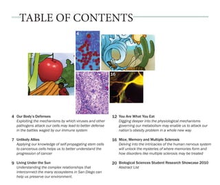 TABLE OF CONTENTS
Our Body’s Defenses
Exploiting the mechanisms by which viruses and other
pathogens attack our cells may lead to better defense
in the battles waged by our immune system
Unlikely Allies
Applying our knowledge of self-propagating stem cells
to cancerous cells helps us to better understand the
progression of cancer
Living Under the Sun
Understanding the complex relationships that
interconnect the many ecosystems in San Diego can
help us preserve our environment.
You Are What You Eat
Digging deeper into the physiological mechanisms
governing our metabolism may enable us to attack our
nation’s obesity problem in a whole new way
Mice, Memory and Multiple Sclerosis
Delving into the intricacies of the human nervous system
will unlock the mysteries of where memories form and
how disorders like multiple sclerosis may be treated
Biological Sciences Student Research Showcase 2010
Abstract List
4 12
5
12
16
7
9
16
20
7
4
7
9
 