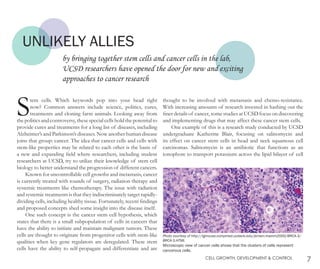 Stem cells. Which keywords pop into your head right
now? Common answers include science, politics, cures,
treatments and cloning farm animals. Looking away from
the politicsand controversy, thesespecial cellshold the potential to
provide cures and treatments for a long list of diseases, including
Alzheimer’s and Parkinson’s diseases. Now another human disease
joins that group: cancer. The idea that cancer cells and cells with
stem-like properties may be related to each other is the basis of
a new and expanding field where researchers, including student
researchers at UCSD, try to utilize their knowledge of stem cell
biology to better understand the progression of different cancers.
Known for uncontrollable cell growths and metastasis, cancer
is currently treated with rounds of surgery, radiation therapy and
systemic treatments like chemotherapy. The issue with radiation
and systemic treatments is that they indiscriminately target rapidly-
dividing cells, including healthy tissue. Fortunately, recent findings
and proposed concepts shed some insight into the disease itself.
One such concept is the cancer stem cell hypothesis, which
states that there is a small subpopulation of cells in cancers that
have the ability to initiate and maintain malignant tumors. These
cells are thought to originate from progenitor cells with stem-like
qualities when key gene regulators are deregulated. These stem
cells have the ability to self-propagate and differentiate and are
thought to be involved with metastasis and chemo-resistance.
With increasing amounts of research invested in hashing out the
finer details of cancer, some studies at UCSD focus on discovering
and implementing drugs that may affect these cancer stem cells.
One example of this is a research study conducted by UCSD
undergraduate Katherine Blair, focusing on salinomycin and
its effect on cancer stem cells in head and neck squamous cell
carcinomas. Salinomycin is an antibiotic that functions as an
ionophore to transport potassium across the lipid bilayer of cell
UNLIKELY ALLIES
by bringing together stem cells and cancer cells in the lab,
UCSD researchers have opened the door for new and exciting
approaches to cancer research
7CELL GROWTH, DEVELOPMENT & CONTROL
Photo courtesy of http://tgmouse.compmed.ucdavis.edu/jensen-mamm2000/BRCA-3/
BRCA-3.HTML
Microscopic view of cancer cells shows that the clusters of cells represent
cancerous cells.
 