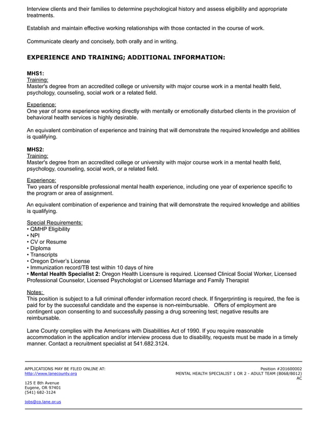 Mental Health Specialist Job Description PDF