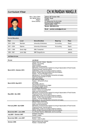 Curriculum Vitae
Place, Date of Birth : Jakarta, 08th
October 1982
Sex, Marital Status : Female, Single
Religion : Catholic
Home Address : Jl. Laksana No:73A Rt 01/008
Karang Tengah LebakBulus
Jakarta Selatan 12440
Mobile 0896 5025 4154
Email pandan.works@gmail.com
Formal Education
Year Level School/Institute Majoring Place
2004 – 2006 Bachelor University of Indonesia Accounting Depok
2001 – 2004 Diploma University of Indonesia Accounting Depok
2001 – 1999 Senior High SMU Tarakanita I Jakarta
1999 - 1997 Junior High SMP PangudiLuhur Jakarta
Job Experiences
Period Job Detail
March 2013 – October 2015
Optima Kasw all – Kaiser - Mazeltov
Position: Accounting
Responsibilities :
Keep a journal transaction
Maintaining of Fixed Assets register & running of depreciation of Fixed Assets
Preparing monthly financial reports
Implementing proper accounting systemto company
Monitor all daily financial activities w ithin the Company
Position : Account Payables Control
Maintaining of Account Payables transaction and aging
Preparing financialdata for banks
Daily reconciliation
March 2010 –Sept 2011
Inter Pariw ara Global
Position : AR and AP officer
A/R Aging
Receivable collection
A/P and A/R transaction for digital
A/P Aging for digital vendor
May 2008 – Dec 2009
Activate Media Nusantara
Position: Senior Accounting Staff
Keep a journal transaction
Maintaining of Fixed Assets register & running of depreciation of Fixed Assets
Preparing monthly financial reports
Implementing proper accounting systemto company
Monitor all daily financialactivities w ithin the Company
Position : Account Payable Officer
Maintaining of Account Payables transaction and aging
February 2008 – April 2008
MasindoUtama Nusantara
Position: Senior Accounting
Keep a journal transaction
Maintaining of Fixed Assets register & running of depreciation of Fixed Assets
Preparing monthly financial reports
Implementing proper accounting systemto company
Monitor all daily financialactivities w ithin the Company
November 2001 – June 2009 As a Private Teacher ( Mathematic and Accounting)
July 2007 – October 2007
Strategic Consulting
Position: Auditor
December 2006 – June 2007
Ernst & Young
Position: Junior Auditor
October 2006
National Democratic Institute
Position: Volunteer Staff
 