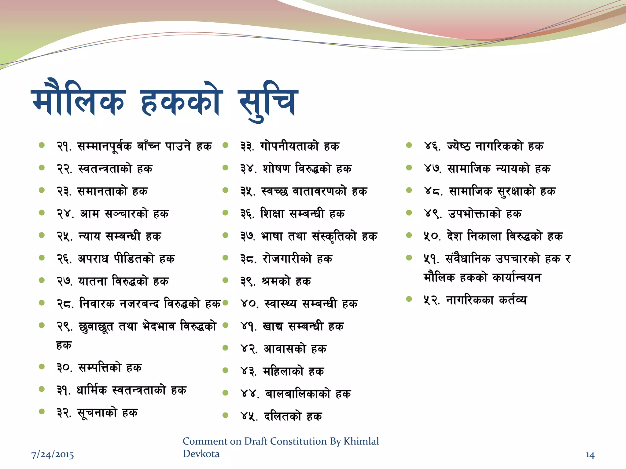 df}lns xssf] ;'lr
 @!= ;Ddfgk"j{s afFRg kfpg] xs
 @@= :jtGqtfsf] xs
 @#= ;dfgtfsf] xs
 @$= cfd ;~rf/sf] xs
 @%= Gofo ;DaGwL xs
 @^= ck/fw kLl8tsf] xs
 @&= oftgf lj?4sf] xs
 @*= lgjf/s gh/aGb lj?4sf] xs
 @(= 5'jf5"t tyf e]befj lj?4sf]
xs
 #)= ;DklQsf] xs
 #!= wfld{s :jtGqtfsf] xs
 #@= ;"rgfsf] xs
 ##= uf]kgLotfsf] xs
 #$= zf]if0f lj?4sf] xs
 #%= :jR5 jftfj/0fsf] xs
 #^= lzIff ;DaGwL xs
 #&= efiff tyf ;+:s[ltsf] xs
 #*= /f]huf/Lsf] xs
 #(= >dsf] xs
 $)= :jf:Yo ;DaGwL xs
 $!= vfB ;DaGwL xs
 $@= cfjf;sf] xs
 $#= dlxnfsf] xs
 $$= afnaflnsfsf] xs
 $%= blntsf] xs
 $^= Ho]i7 gful/ssf] xs
 $&= ;fdflhs Gofosf] xs
 $*= ;fdflhs ;'/Iffsf] xs
 $(= pkef]Qmfsf] xs
 %)= b]z lgsfnf lj?4sf] xs
 %!= ;+j}wflgs pkrf/sf] xs /
df}lns xssf] sfof{Gjog
 %@= gful/ssf st{Jo
7/24/2015
Comment on Draft Constitution By Khimlal
Devkota 14
 