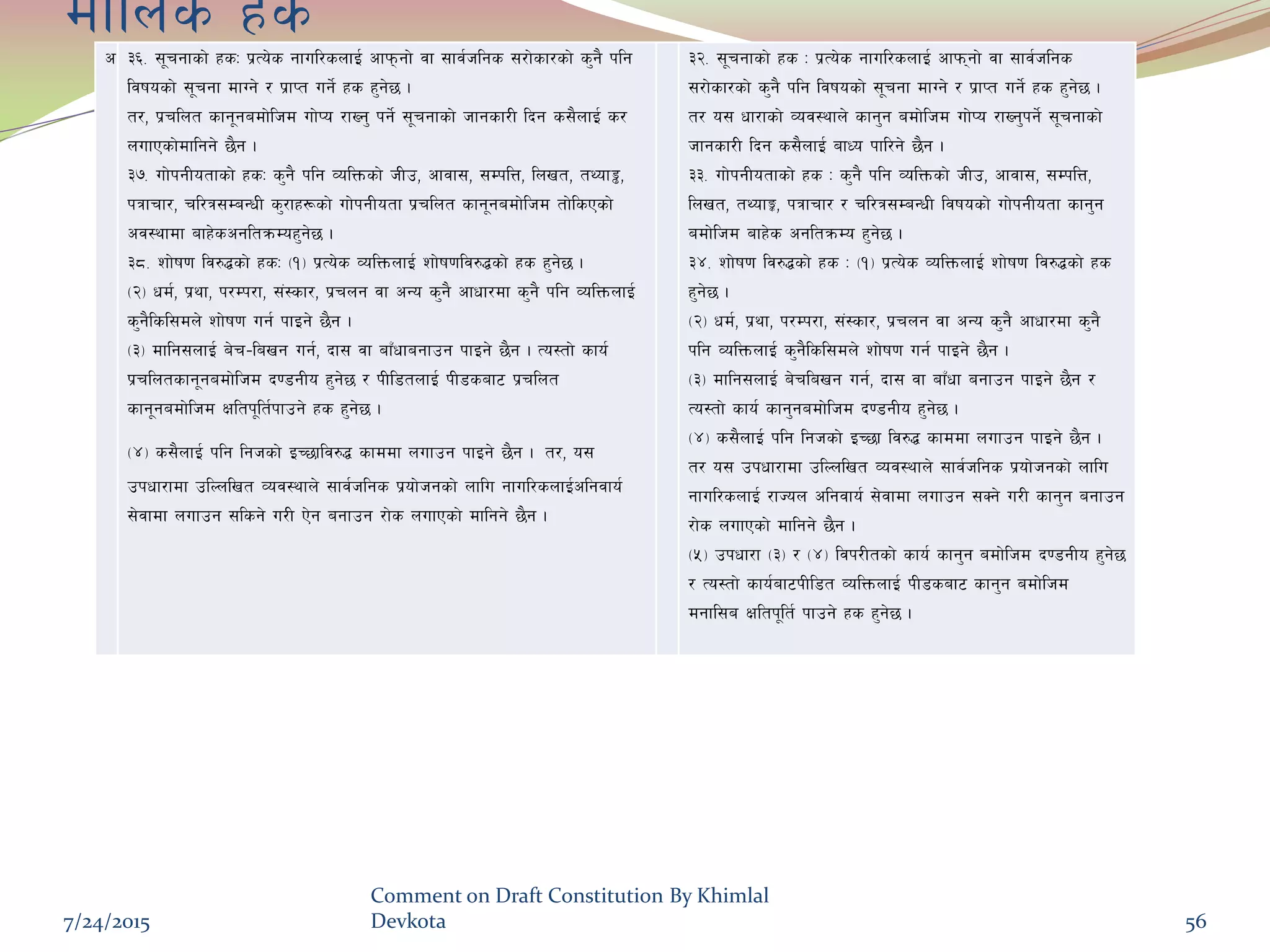df}lns xsc #^= ;"rgfsf] xsM k|To]s gful/snfO{ cfkmgf] jf ;fj{hlgs ;/f]sf/sf] s'g} klg
ljifosf] ;"rgf dfUg] / k|fKt ug]{ xs x'g]5 .
t/, k|rlnt sfg"gadf]lhd uf]Ko /fVg' kg]{ ;"rgfsf] hfgsf/L lbg s;}nfO{ s/
nufPsf]dflgg] 5}g .
#&= uf]kgLotfsf] xsM s'g} klg JolQmsf] hLp, cfjf;, ;DklQ, lnvt, tYof°,
kqfrf/, rl/q;DaGwL s'/fx¿sf] uf]kgLotf k|rlnt sfg"gadf]lhd tf]lsPsf]
cj:yfdf afx]scgltqmDox'g]5 .
#*= zf]if0f lj?4sf] xsM -!_ k|To]s JolQmnfO{ zf]if0flj?4sf] xs x'g]5 .
-@_ wd{, k|yf, k/Dk/f, ;+:sf/, k|rng jf cGo s'g} cfwf/df s'g} klg JolQmnfO{
s'g}lsl;dn] zf]if0f ug{ kfOg] 5}g .
-#_ dflg;nfO{ a]r–lavg ug{, bf; jf afFwfagfpg kfOg] 5}g . To:tf] sfo{
k|rlntsfg"gadf]lhd b08gLo x'g]5 / kLl8tnfO{ kL8saf6 k|rlnt
sfg"gadf]lhd Ifltk"lt{kfpg] xs x'g]5 .
-$_ s;}nfO{ klg lghsf] OR5flj?4 sfddf nufpg kfOg] 5}g . t/, o;
pkwf/fdf plNnlvt Joj:yfn] ;fj{hlgs k|of]hgsf] nflu gful/snfO{clgjfo{
;]jfdf nufpg ;lsg] u/L P]g agfpg /f]s nufPsf] dflgg] 5}g .
#@= ;"rgfsf] xs M k|To]s gful/snfO{ cfkmgf] jf ;fj{hlgs
;/f]sf/sf] s'g} klg ljifosf] ;"rgf dfUg] / k|fKt ug]{ xs x'g]5 .
t/ o; wf/fsf] Joj:yfn] sfg'g adf]lhd uf]Ko /fVg'kg]{ ;"rgfsf]
hfgsf/L lbg s;}nfO{ afWo kfl/g] 5}g .
##= uf]kgLotfsf] xs M s'g} klg JolQmsf] hLp, cfjf;, ;DklQ,
lnvt, tYofÍ, kqfrf/ / rl/q;DaGwL ljifosf] uf]kgLotf sfg'g
adf]lhd afx]s cgltqmDo x'g]5 .
#$= zf]if0f lj?4sf] xs M -!_ k|To]s JolQmnfO{ zf]if0f lj?4sf] xs
x'g]5 .
-@_ wd{, k|yf, k/Dk/f, ;+:sf/, k|rng jf cGo s'g} cfwf/df s'g}
klg JolQmnfO{ s'g}lsl;dn] zf]if0f ug{ kfOg] 5}g .
-#_ dflg;nfO{ a]rlavg ug{, bf; jf afFwf agfpg kfOg] 5}g /
To:tf] sfo{ sfg'gadf]lhd b08gLo x'g]5 .
-$_ s;}nfO{ klg lghsf] OR5f lj?4 sfddf nufpg kfOg] 5}g .
t/ o; pkwf/fdf plNnlvt Joj:yfn] ;fj{hlgs k|of]hgsf] nflu
gful/snfO{ /fHon clgjfo{ ;]jfdf nufpg ;Sg] u/L sfg'g agfpg
/f]s nufPsf] dflgg] 5}g .
-%_ pkwf/f -#_ / -$_ ljk/Ltsf] sfo{ sfg'g adf]lhd b08gLo x'g]5
/ To:tf] sfo{af6kLl8t JolQmnfO{ kL8saf6 sfg'g adf]lhd
dgfl;a Ifltk"lt{ kfpg] xs x'g]5 .
7/24/2015
Comment on Draft Constitution By Khimlal
Devkota 56
 