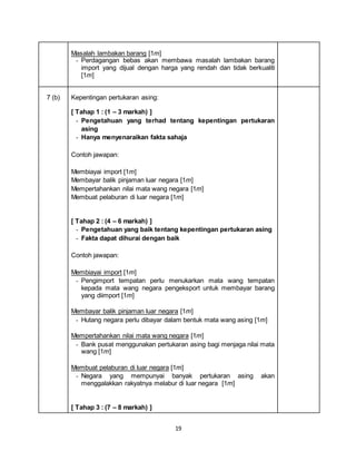 19
Masalah lambakan barang [1m]
- Perdagangan bebas akan membawa masalah lambakan barang
import yang dijual dengan harga yang rendah dan tidak berkualiti
[1m]
7 (b) Kepentingan pertukaran asing:
[ Tahap 1 : (1 – 3 markah) ]
- Pengetahuan yang terhad tentang kepentingan pertukaran
asing
- Hanya menyenaraikan fakta sahaja
Contoh jawapan:
Membiayai import [1m]
Membayar balik pinjaman luar negara [1m]
Mempertahankan nilai mata wang negara [1m]
Membuat pelaburan di luar negara [1m]
[ Tahap 2 : (4 – 6 markah) ]
- Pengetahuan yang baik tentang kepentingan pertukaran asing
- Fakta dapat dihurai dengan baik
Contoh jawapan:
Membiayai import [1m]
- Pengimport tempatan perlu menukarkan mata wang tempatan
kepada mata wang negara pengeksport untuk membayar barang
yang diimport [1m]
Membayar balik pinjaman luar negara [1m]
- Hutang negara perlu dibayar dalam bentuk mata wang asing [1m]
Mempertahankan nilai mata wang negara [1m]
- Bank pusat menggunakan pertukaran asing bagi menjaga nilai mata
wang [1m]
Membuat pelaburan di luar negara [1m]
- Negara yang mempunyai banyak pertukaran asing akan
menggalakkan rakyatnya melabur di luar negara [1m]
[ Tahap 3 : (7 – 8 markah) ]
 