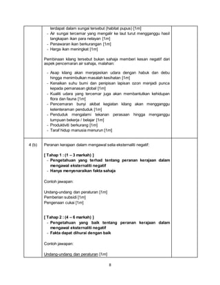 8
terdapat dalam sungai tersebut (habitat pupus) [1m]
- Air sungai tercemar yang mengalir ke laut turut mengganggu hasil
tangkapan ikan para nelayan [1m]
- Penawaran ikan berkurangan [1m]
- Harga ikan meningkat [1m]
Pembinaan kilang tersebut bukan sahaja memberi kesan negatif dari
aspek pencemaran air sahaja, malahan:
- Asap kilang akan menjejaskan udara dengan habuk dan debu
hingga menimbulkan masalah kesihatan [1m]
- Kenaikan suhu bumi dan penipisan lapisan ozon menjadi punca
kepada pemanasan global [1m]
- Kualiti udara yang tercemar juga akan membantutkan kehidupan
flora dan fauna [1m]
- Pencemaran bunyi akibat kegiatan kilang akan mengganggu
ketenteraman penduduk [1m]
- Penduduk mengalami tekanan perasaan hingga menganggu
tumpuan bekerja / belajar [1m]
- Produktiviti berkurang [1m]
- Taraf hidup manusia menurun [1m]
4 (b) Peranan kerajaan dalam mengawal selia eksternaliti negatif:
[ Tahap 1 : (1 – 3 markah) ]
- Pengetahuan yang terhad tentang peranan kerajaan dalam
mengawal eksternaliti negatif
- Hanya menyenaraikan fakta sahaja
Contoh jawapan:
Undang-undang dan peraturan [1m]
Pemberian subsidi [1m]
Pengenaan cukai [1m]
[ Tahap 2 : (4 – 6 markah) ]
- Pengetahuan yang baik tentang peranan kerajaan dalam
mengawal eksternaliti negatif
- Fakta dapat dihurai dengan baik
Contoh jawapan:
Undang-undang dan peraturan [1m]
 