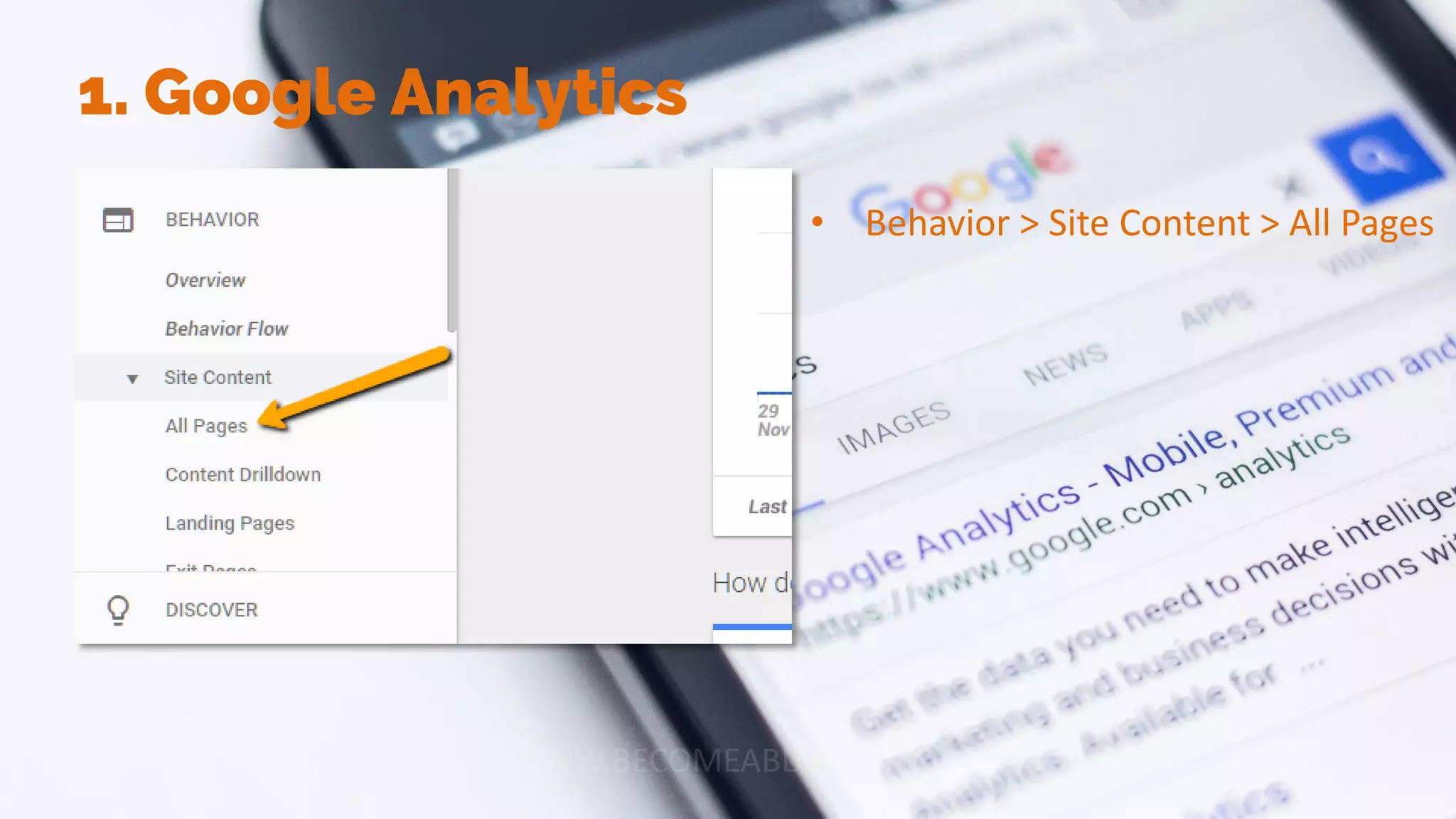 1. Google Analytics
• Behavior > Site Content > All Pages
 