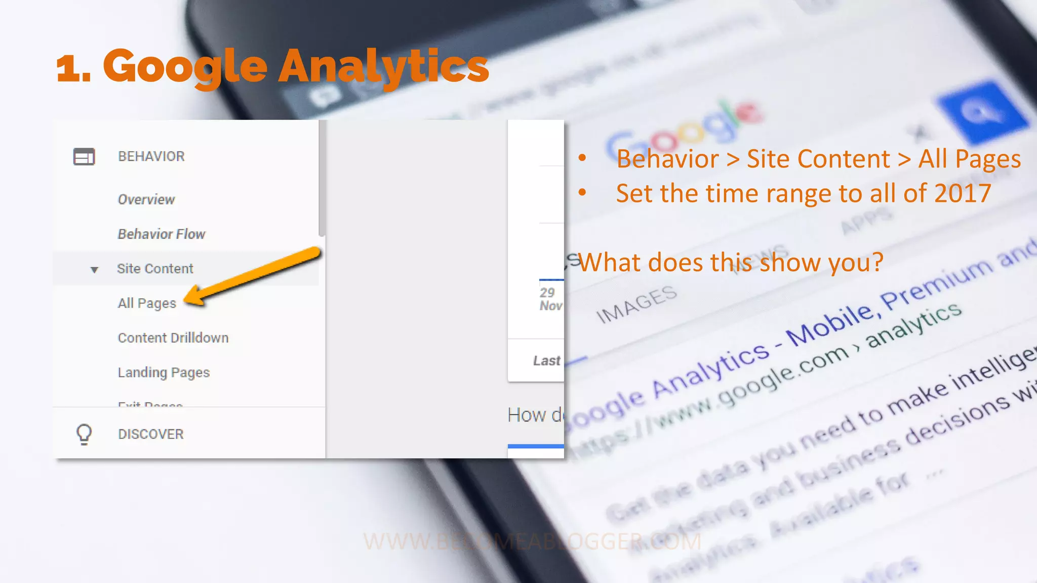 1. Google Analytics
• Behavior > Site Content > All Pages
• Set the time range to all of 2017
What does this show you?
 