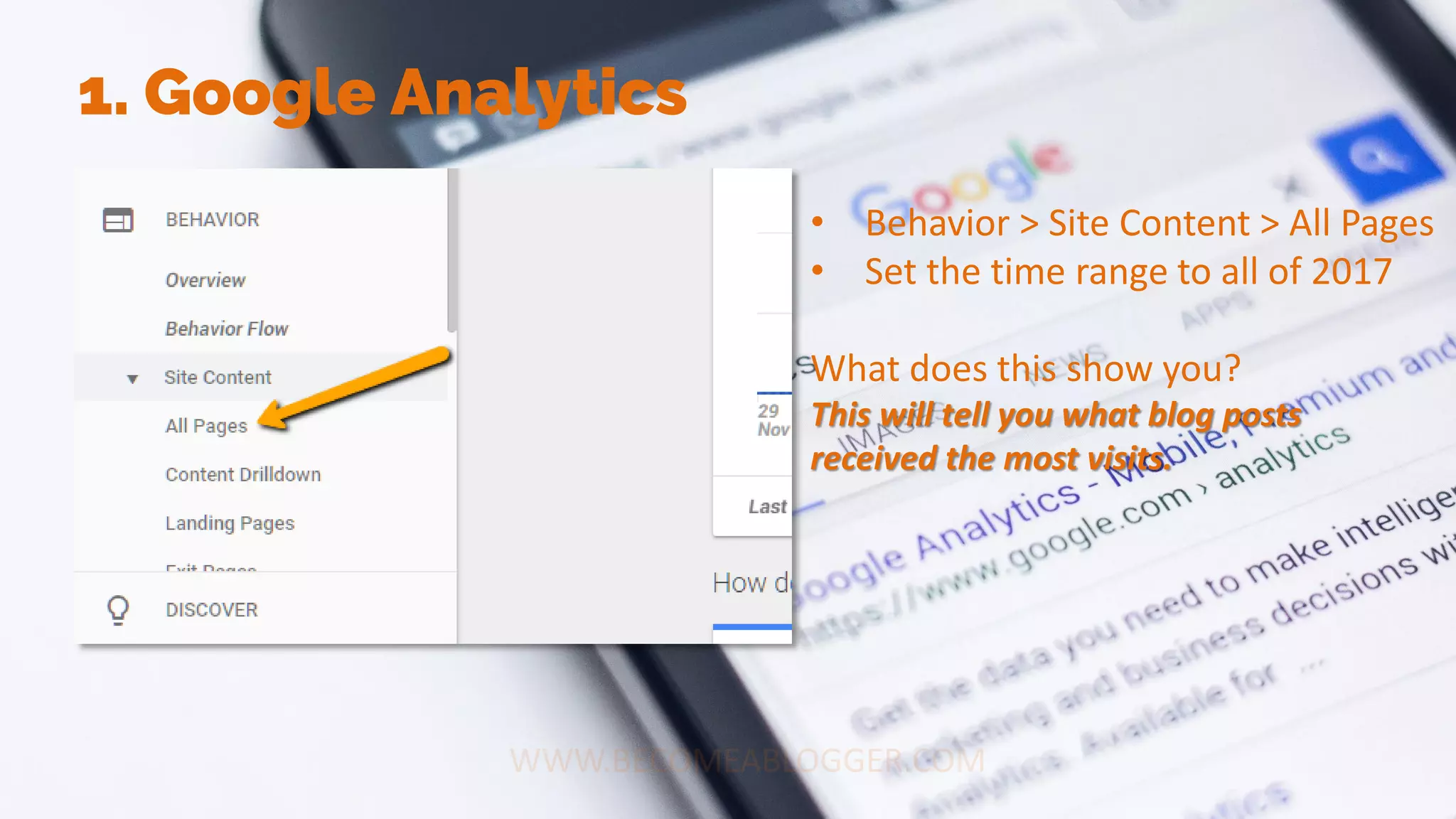 1. Google Analytics
• Behavior > Site Content > All Pages
• Set the time range to all of 2017
What does this show you?
This will tell you what blog posts
received the most visits.
 