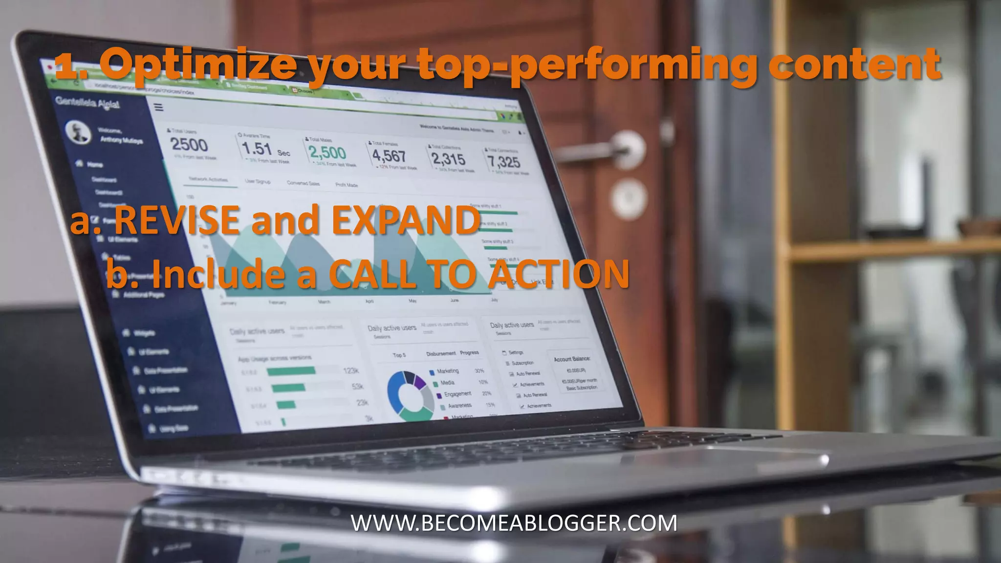 1. Optimize your top-performing content
WWW.BECOMEABLOGGER.COM
a. REVISE and EXPAND
b. Include a CALL TO ACTION
 