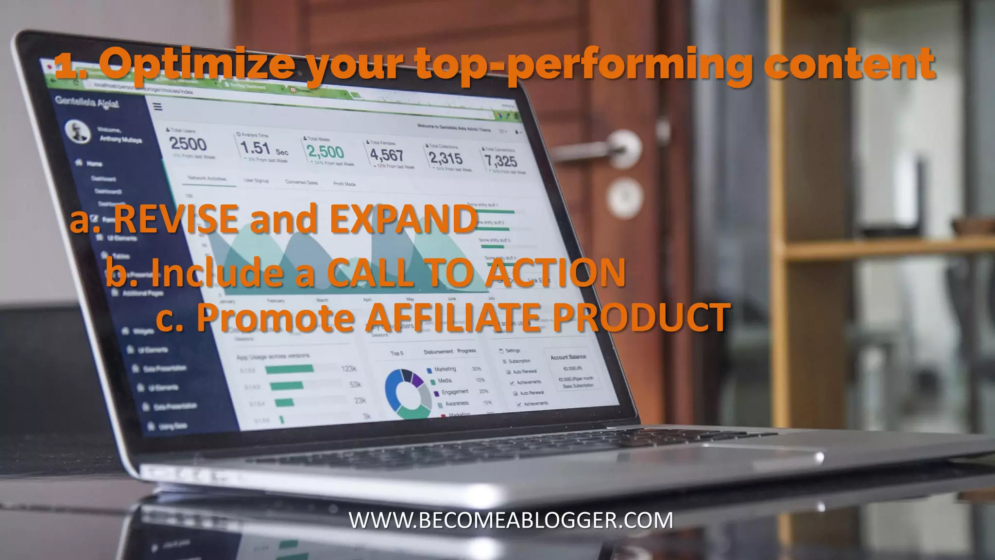 1. Optimize your top-performing content
WWW.BECOMEABLOGGER.COM
a. REVISE and EXPAND
c. Promote AFFILIATE PRODUCT
b. Include a CALL TO ACTION
 