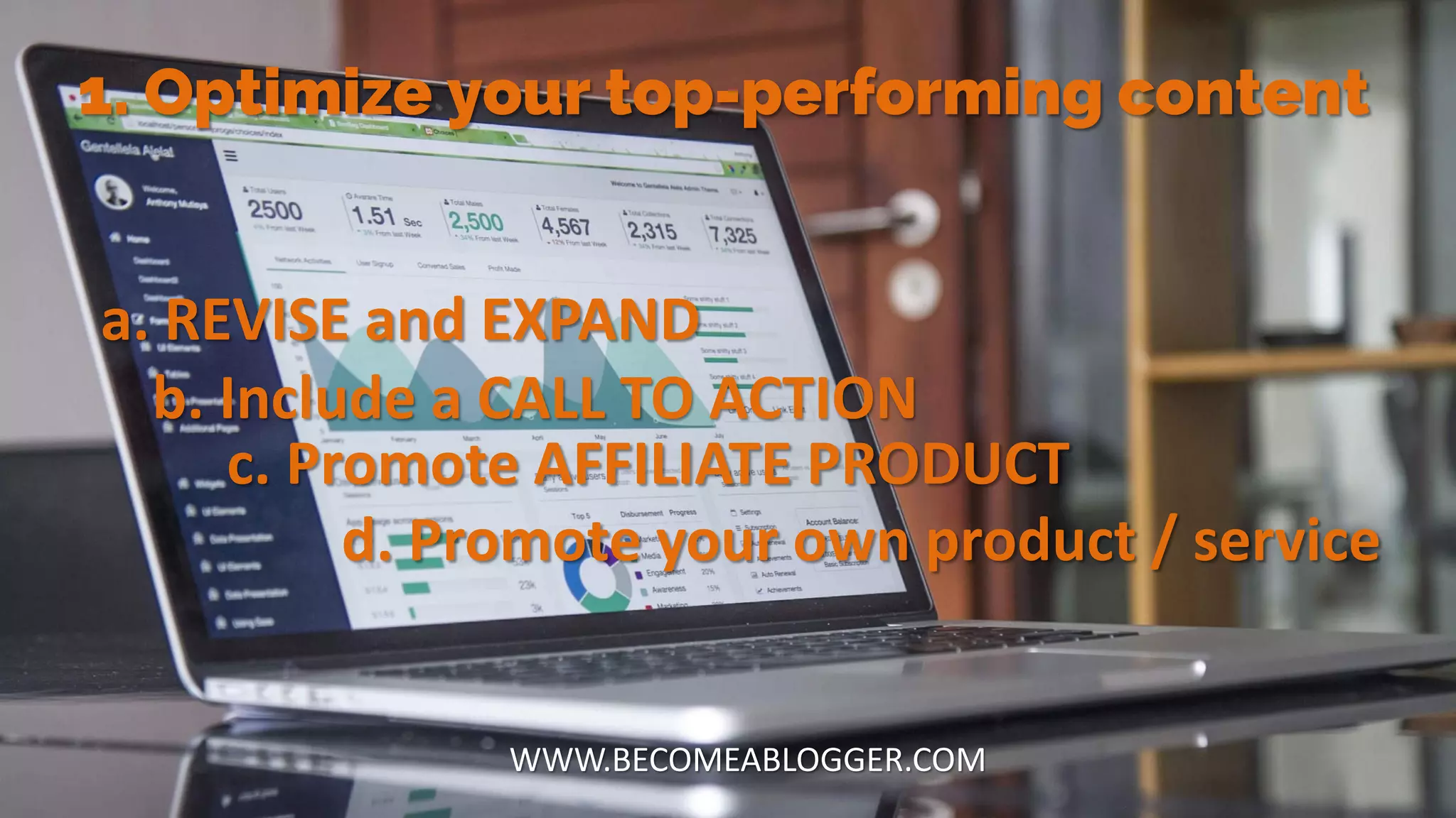 1. Optimize your top-performing content
WWW.BECOMEABLOGGER.COM
a. REVISE and EXPAND
c. Promote AFFILIATE PRODUCT
b. Include a CALL TO ACTION
d. Promote your own product / service
 