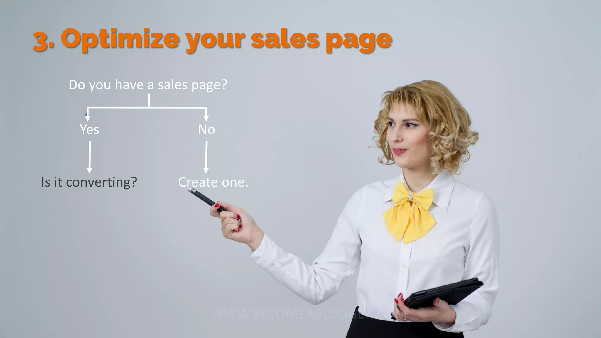 3. Optimize your sales page
Do you have a sales page?
Yes No
Is it converting? Create one.
 