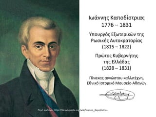 Ιωάννης Καποδίστριας
1776 – 1831
Υπουργός Εξωτερικών της
Ρωσικής Αυτοκρατορίας
(1815 – 1822)
Πρώτος Κυβερνήτης
της Ελλάδας
(1828 – 1831)
Πίνακας αγνώστου καλλιτέχνη,
Εθνικό Ιστορικό Μουσείο Αθηνών
Πηγή εικόνων: https://de.wikipedia.org/wiki/Ioannis_Kapodistrias
 