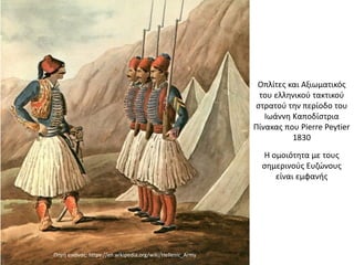 Πηγή εικόνας: https://en.wikipedia.org/wiki/Hellenic_Army
Οπλίτες και Αξιωματικός
του ελληνικού τακτικού
στρατού την περίοδο του
Ιωάννη Καποδίστρια
Πίνακας που Pierre Peytier
1830
Η ομοιότητα με τους
σημερινούς Ευζώνους
είναι εμφανής
 