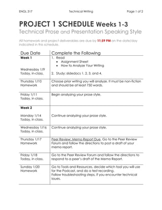 ENGL 317 Technical Writing Page 1 of 2
PROJECT 1 SCHEDULE Weeks 1-3
Technical Prose and Presentation Speaking Style
All homework and project deliverables are due by 11:59 PM on the date/day
indicated in this schedule.
Due Date Complete the Following
Week 1
Wednesday 1/9
Today, in-class.
1. Read
• Assignment Sheet
• How to Analyze Your Writing
2. Study: slidedocs 1, 2, 3, and 4.
Thursday 1/10
Homework
Choose prior writing you will analyze. It must be non-fiction
and should be at least 750 words.
Friday 1/11
Today, in class.
Begin analyzing your prose style.
Week 2
Monday 1/14
Today, in class.
Continue analyzing your prose style.
Wednesday 1/16
Today, in class.
Continue analyzing your prose style.
Thursday 1/17
Homework
Peer Review: Memo Report Due. Go to the Peer Review
Forum and follow the directions to post a draft of your
memo report.
Friday 1/18
Today, in class.
Go to the Peer Review Forum and follow the directions to
respond to a peer’s draft of the Memo Report.
Sunday 1/20
Homework
Go to Tools and Resources, decide which tool you will use
for the Podcast, and do a test recording.
Follow troubleshooting steps, if you encounter technical
issues.
 