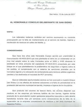318-HCD-2017 Proy. de Comunicación: Limpieza sobre la calle Corrientes y Panamericana en Martinez