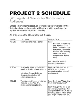 PROJECT 2 SCHEDULE
[Writing about Science for Non-Scientific
Audiences]
Unless otherwise indicated, all work is due before class on the
date due. Late assignments will lose one letter grade (or the
equivalent number of points) per day.
All links are on the BbLearn Project 2 page.
Date In Class Work Due
W 2/07 Scientists and media panel. Read
 Mnookin, “The Media
and Its Messages”
from The Panic Virus
 Bohannon, “I Fooled
Millions into Thinking
Chocolate Helps
Weight Loss. Here’s
How”
and complete reading
journal assignment.
F 2/09 Discuss factors that influence
public attitudes toward science.
Introduce Project 2, News
Release. How to find UI
scientist’s articles.
Read excerpt from Kahan
(2015): pp 1-14 and
complete reading journal
assignment.
M 2/12 The newsworthiness of science
(looking at the “big 4”).
Strategies for adaptation.
Read Siegfried, “Reporting
from Science Journals”
Look through the list of UI
scientists (under Project 2
Assignment Sheet & Grading
Criteria), decide which ones
you might like to work on,
 