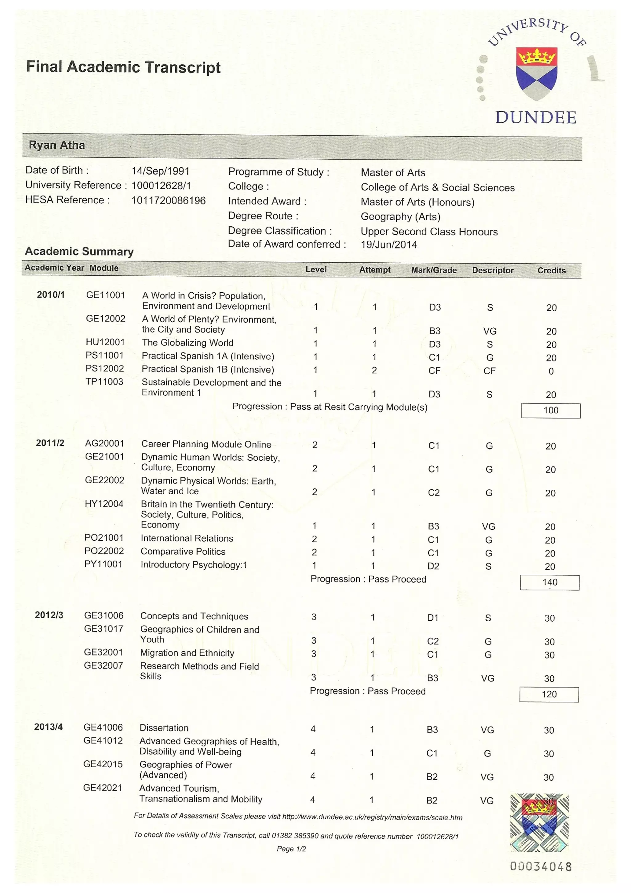 Final Academic Transcript
