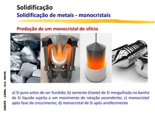 CMATE
-
LEMA
-
O.C.
PAIVA
Solidificação
Solidificação de metais - monocristais
Produção de um monocristal de silício
a) Si puro antes de ser fundido; b) semente (haste) de Si mergulhada no banho
de Si líquido sujeita a um movimento de rotação ascendente; c) monocristal
após fase de crescimento; d) monocristal de Si após arrefecimento
 