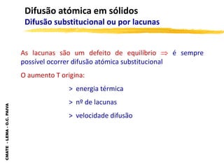 CMATE
-
LEMA
-
O.C.
PAIVA
Difusão atómica em sólidos
Difusão substitucional ou por lacunas
As lacunas são um defeito de equilíbrio  é sempre
possível ocorrer difusão atómica substitucional
O aumento T origina:
> energia térmica
> nº de lacunas
> velocidade difusão
 