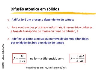 CMATE
-
LEMA
-
O.C.
PAIVA
t
A
M
J


o A difusão é um processo dependente do tempo;
o Para controlo dos processos industriais, é necessário conhecer
a taxa de transporte de massa ou fluxo de difusão, J;
o J define-se como a massa ou número de átomos difundidos
por unidade de área e unidade de tempo
na forma diferencial, vem:
dt
dM
A
J
1

J exprime-se em: kg/cm2sou mol/m2s
Difusão atómica em sólidos
 