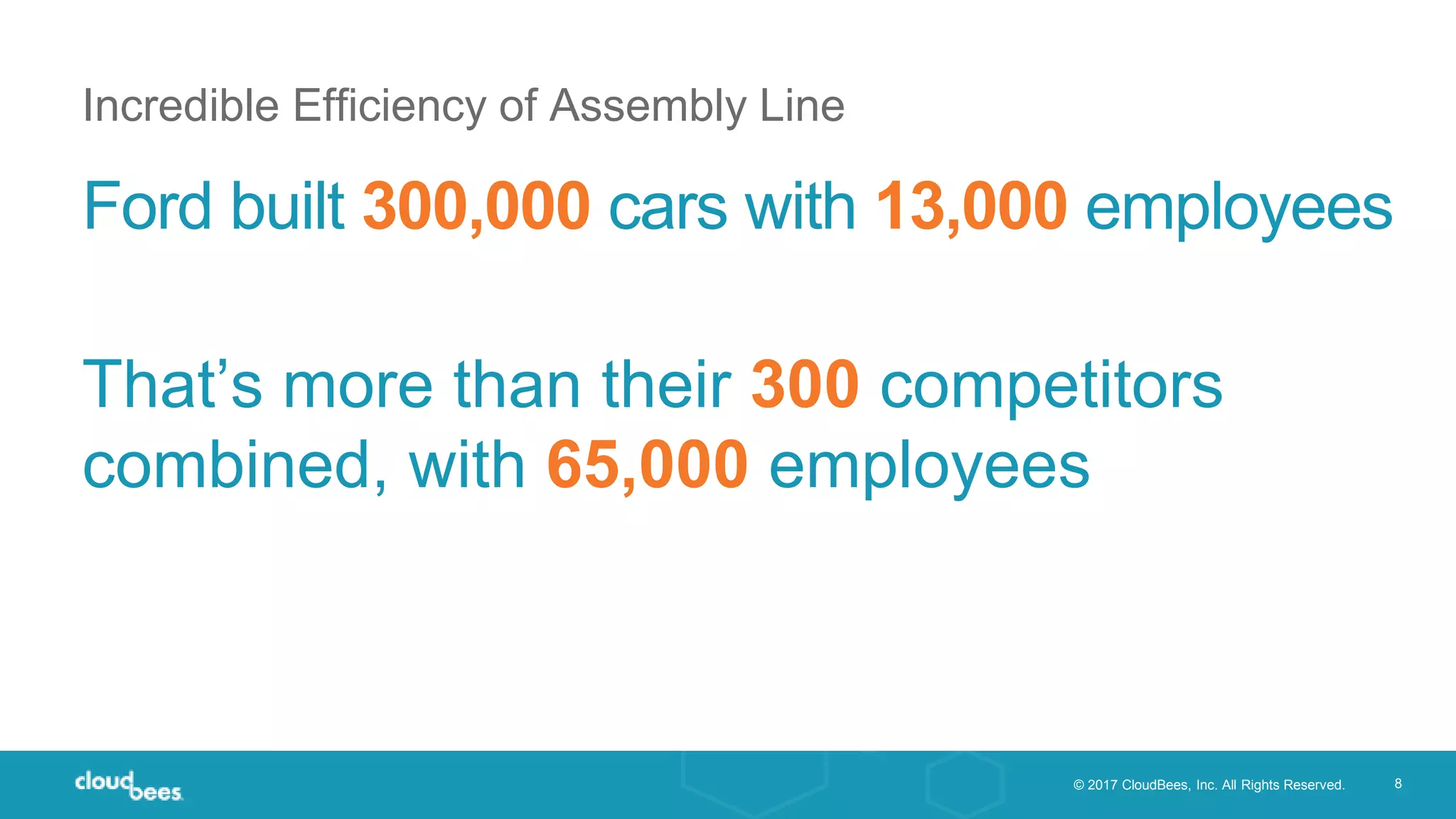 © 2017 CloudBees, Inc. All Rights Reserved. 8
Incredible Efficiency of Assembly Line
Ford built 300,000 cars with 13,000 employees
That’s more than their 300 competitors
combined, with 65,000 employees
 