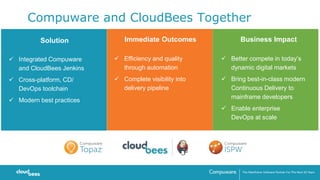 Compuware and CloudBees Together
Solution
 Integrated Compuware
and CloudBees Jenkins
 Cross-platform, CD/
DevOps toolchain
 Modern best practices
Immediate Outcomes
 Efficiency and quality
through automation
 Complete visibility into
delivery pipeline
Business Impact
 Better compete in today’s
dynamic digital markets
 Bring best-in-class modern
Continuous Delivery to
mainframe developers
 Enable enterprise
DevOps at scale
 