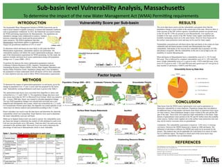 Sub-basin level Vulnerability Analysis, Massachusetts
To determine the impact of the new Water Management Act (WMA) Permitting requirements
INTRODUCTION RESULTS
CONCLUSION
METHODS
Surface Water Supply Watersheds
Coldwater Fisheries Resources Groundwater PermitsPopulation Change 2000 – 2013
Aquifers
Surface Water Protection Outstanding Resource Waters
Table 1. Scoring Card: scoring attributed to each layer
The seven data layers used to do the vulnerability assessment show that the
population change is most evident in the eastern part of the state. However there is
some increase in the SW (yellow regions). Groundwater permits are present most
in the NE and SE. CFRs are present in west Massachusetts. Few aquifers are
available in the state, mostly in the SW. Surface water supply watersheds and
available outstanding waters are in the same basins. However those baisns are in
the surface water protection zones and may not be used for water supply.
Vulnerability assessment per sub-basin shows that sub-basins in the center are least
vulnerable and sub-basins present towards east Massachusetts have high
vulnerability. Sub-basins in the west are also vulnerable due to presence of CFRs
and absence of aquifers. But the vulnerability in the east is not as high as the vul-
nerability in western Massachusetts.
Most sub-basins in Massachusetts have a vulnerability score of 2 (~76.2% total
MA area). This is followed by a medium vulnerability score of 3 (~18% total MA
area). A high vulnerability score of 1 is given to only ~4.05% total MA area. A low
score of 4 is given to only ~1.8% total MA area and a good score of 5 was given to
least number of sub-basins (~0.003% total MA area).
Vulnerability Score by State Area
The Sustainable Water Management Initiative (SWMI) framework can be
used to asses impacts to aquatic resources, to natural and manmade conditions
such as groundwater withdrawal. In 2012, the framework was used to outline
the WMA permitting requirements for Massachusetts. The regulations are
intended to manage water withdrawals to ensure a balance
between competing water needs and the preservation of
water resources. The WMA regulations state that
Minimization requirements applies to applicants with
August net groundwater depletion of 25% or more4
.
To determine which sub-basins are most likely to fall under the WMA
Minimization requirement, vulnerability analysis was performed. The
vulnerability analysis will follow the source optimization technique, which is
part of the minimization requirement for WMA permitting. For this study, the
analysis includes sub-basin level source optimization along with population
change over 13 years (2000—2013).
To perform the analysis the source optimization parameters used are:
Coldwater Fisheries Resources (CFR), Aquifers, Groundwater permits,
Outstanding Resource Waters (ORW), Surface Water Supply Watersheds and
Surface Water Protection Zones. Population change data is also included to
the parameters to better understand which sub-basins will be most vulnerable
to water depletion and may need to follow WMA minimization requirements.
To determine the impact of optimization parameters on sub-basins, given the
change in population over 13 year, a score card was prepared for the layers
used. Vulnerability scoring attributed to each layer is given in the Table 1.
The optimization data layers were converted from shapefiles to rasters and
reclassified on a 1-5 scale (Table 1). The population change data layer used
was census tracts data for 2013 in Microsoft Excel format, which was joined to
the Census_2000 data. Query was created to calculate population change.
The new field (population change) was selected and converted into a new
shapefile and subsequently into a raster, which was reclassified on a 1-5 scale.
For Groundwater Permits (point data), the shapefile was joined spatially to sub
-basin layer for density analysis and reclassified according to the 1-5 scale.
Raster calculator was used to sum the data layers and determine the statewide
vulnerability which was reclassified. Zonal Statistics were used to determine
the mean vulnerability score per sub-basin.
Math tool in Spatial Analyst tools was used to convert the vulnerability score
per basin into integer to determine the number of cells attributed to each score.
Cell size was previously set to 300 meters. Total area (km2
) for each score was
calculated in the attribute table. Microsoft Excel was used to determine the
percentage of total area in Massachusetts which is most vulnerable.
Bad Score Good Score
1 2 3 4 5
1 Population Change 2060-3052 1000-2000 500-1000 0-500 -12051 – 0
2 Groundwater dis-
charge permit density
0.023699805 to
0.090200752
0.007074569 to
0.023699805
0.002829828 to
0.007074569
0.000353728 to
0.002829828
0 to
0.000353728
3 Cold Water Fisheries
Resources
Present Absent
4 Surface Water supply
watersheds
Emergency Supply
Watershed/ Rhode
Island
Present
5 Aquifers Absent Medium Yield High Yield
6 Outstanding Water
Resources
Restricted/ Protect-
ed/Scenic / Retired
water
Surface Water
Supply Water-
shed
7 Surface Water Protec-
tion Zones A, B, C
Present Absent
REFERENCES
Data layers from the WMA source optimization were used as parameters to
determine vulnerability to water depletion. Population change data was added as
an additional layer to help predict sub-basins most likely to experience more stress
on water sources. Since population change is most evident in the east and the SW
part of the state. These areas will experience high vulnerability in the future. High
density of groundwater water permits in the NE and SE further stress the available
water sources. Surface water supplies are in the surface water protection zone and
may not be used to overcome stress on groundwater.
Limitations: The vulnerability assessment is based on ~2200 minor or drainage
sub-basins. However the SWMI framework is based on 1400 sub-basins. The
definition of sub-basin is different for SWMI and could not be accessed for the
project. This analysis may not be applicable for a sub-basin if its source of water
lies in a different region. The degree to which each of the seven layers may
contribute to vulnerability was not determined.
Water Management Act Permit Guidance Nov 7,2014 Massachusetts department of environmental protection: http://www.mass.gov/eea/
docs/dep/water/laws/i-thru-z/wmaguide14.doc
SWMI framework: http://www.mass.gov/eea/docs/dep/water/resources/n-thru-y/wmafaq.pdf
Data layers: http://www.mass.gov
Population 2000 data layer: http://www.mass.gov
Population 2013 data: http://factfinder.census.gov/faces/nav/jsf/pages/searchresults.xhtml?refresh=t#
BY: Mehar Kaur
CEE 187_Introduction to GIS
12.10.2015
Vulnerability Score per Sub-basin
Factor Inputs
 