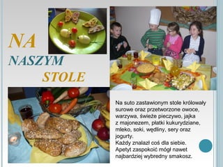 NA
NASZYM
    STOLE
            Na suto zastawionym stole królowały
            surowe oraz przetworzone owoce,
            warzywa, świeże pieczywo, jajka
            z majonezem, płatki kukurydziane,
            mleko, soki, wędliny, sery oraz
            jogurty.
            Każdy znalazł coś dla siebie.
            Apetyt zaspokoić mógł nawet
            najbardziej wybredny smakosz.
 