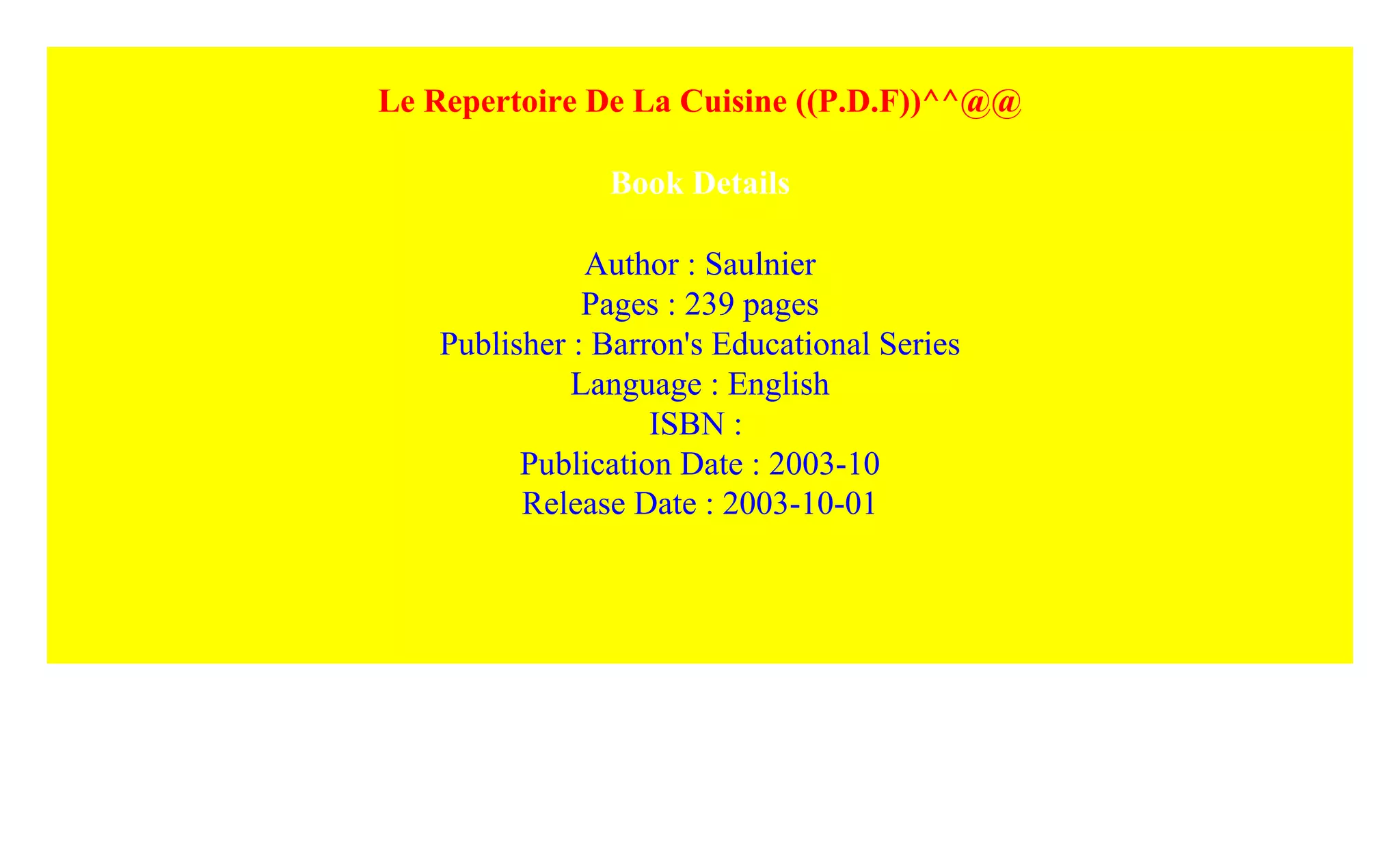 Le Repertoire De La Cuisine ((P.D.F))^^@@ | PDF