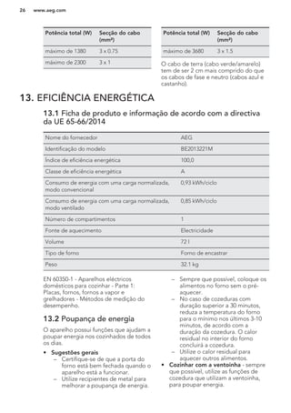 Potência total (W) Secção do cabo
(mm²)
máximo de 1380 3 x 0.75
máximo de 2300 3 x 1
Potência total (W) Secção do cabo
(mm²)
máximo de 3680 3 x 1.5
O cabo de terra (cabo verde/amarelo)
tem de ser 2 cm mais comprido do que
os cabos de fase e neutro (cabos azul e
castanho).
13. EFICIÊNCIA ENERGÉTICA
13.1 Ficha de produto e informação de acordo com a directiva
da UE 65-66/2014
Nome do fornecedor AEG
Identificação do modelo BE2013221M
Índice de eficiência energética 100,0
Classe de eficiência energética A
Consumo de energia com uma carga normalizada,
modo convencional
0,93 kWh/ciclo
Consumo de energia com uma carga normalizada,
modo ventilado
0,85 kWh/ciclo
Número de compartimentos 1
Fonte de aquecimento Electricidade
Volume 72 l
Tipo de forno Forno de encastrar
Peso 32.1 kg
EN 60350-1 - Aparelhos eléctricos
domésticos para cozinhar - Parte 1:
Placas, fornos, fornos a vapor e
grelhadores - Métodos de medição do
desempenho.
13.2 Poupança de energia
O aparelho possui funções que ajudam a
poupar energia nos cozinhados de todos
os dias.
• Sugestões gerais
– Certifique-se de que a porta do
forno está bem fechada quando o
aparelho está a funcionar.
– Utilize recipientes de metal para
melhorar a poupança de energia.
– Sempre que possível, coloque os
alimentos no forno sem o pré-
aquecer.
– No caso de cozeduras com
duração superior a 30 minutos,
reduza a temperatura do forno
para o mínimo nos últimos 3-10
minutos, de acordo com a
duração da cozedura. O calor
residual no interior do forno
concluirá a cozedura.
– Utilize o calor residual para
aquecer outros alimentos.
• Cozinhar com a ventoinha - sempre
que possível, utilize as funções de
cozedura que utilizam a ventoinha,
para poupar energia.
www.aeg.com26
 