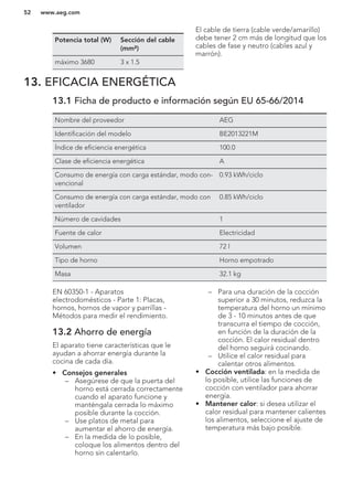 Potencia total (W) Sección del cable
(mm²)
máximo 3680 3 x 1.5
El cable de tierra (cable verde/amarillo)
debe tener 2 cm más de longitud que los
cables de fase y neutro (cables azul y
marrón).
13. EFICACIA ENERGÉTICA
13.1 Ficha de producto e información según EU 65-66/2014
Nombre del proveedor AEG
Identificación del modelo BE2013221M
Índice de eficiencia energética 100.0
Clase de eficiencia energética A
Consumo de energía con carga estándar, modo con-
vencional
0.93 kWh/ciclo
Consumo de energía con carga estándar, modo con
ventilador
0.85 kWh/ciclo
Número de cavidades 1
Fuente de calor Electricidad
Volumen 72 l
Tipo de horno Horno empotrado
Masa 32.1 kg
EN 60350-1 - Aparatos
electrodomésticos - Parte 1: Placas,
hornos, hornos de vapor y parrillas -
Métodos para medir el rendimiento.
13.2 Ahorro de energía
El aparato tiene características que le
ayudan a ahorrar energía durante la
cocina de cada día.
• Consejos generales
– Asegúrese de que la puerta del
horno está cerrada correctamente
cuando el aparato funcione y
manténgala cerrada lo máximo
posible durante la cocción.
– Use platos de metal para
aumentar el ahorro de energía.
– En la medida de lo posible,
coloque los alimentos dentro del
horno sin calentarlo.
– Para una duración de la cocción
superior a 30 minutos, reduzca la
temperatura del horno un mínimo
de 3 - 10 minutos antes de que
transcurra el tiempo de cocción,
en función de la duración de la
cocción. El calor residual dentro
del horno seguirá cocinando.
– Utilice el calor residual para
calentar otros alimentos.
• Cocción ventilada: en la medida de
lo posible, utilice las funciones de
cocción con ventilador para ahorrar
energía.
• Mantener calor: si desea utilizar el
calor residual para mantener calientes
los alimentos, seleccione el ajuste de
temperatura más bajo posible.
www.aeg.com52
 