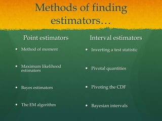 Methods of finding
estimators…
Point estimators
 Method of moment
 Maximum likelihood
estimators
 Bayes estimators
 The EM algorithm
Interval estimators
 Inverting a test statistic
 Pivotal quantities
 Pivoting the CDF
 Bayesian intervals
 