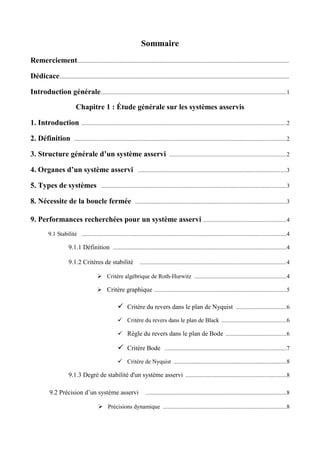 Sommaire
Remerciement...................................................................................................................................
Dédicace..............................................................................................................................................
Introduction générale.............................................................................................................................1
Chapitre 1 : Étude générale sur les systèmes asservis
1. Introduction ..........................................................................................................................................2
2. Définition ...............................................................................................................................................2
3. Structure générale d’un système asservi ...............................................................................2
4. Organes d’un système asservi ....................................................................................................3
5. Types de systèmes .............................................................................................................................3
8. Nécessite de la boucle fermée ......................................................................................................3
9. Performances recherchées pour un système asservi ........................................................4
9.1 Stabilité ..........................................................................................................................................4
9.1.1 Définition .....................................................................................................................4
9.1.2 Critères de stabilité ...................................................................................................4
 Critère algébrique de Roth-Hurwitz ..............................................................4
 Critère graphique .........................................................................................5
 Critère du revers dans le plan de Nyquist ..................................6
 Critère du revers dans le plan de Black ............................................6
 Règle du revers dans le plan de Bode .........................................6
 Critère Bode ..................................................................................7
 Critère de Nyquist ............................................................................8
9.1.3 Degré de stabilité d'un système asservi ....................................................................8
9.2 Précision d’un système asservi ...............................................................................................8
 Précisions dynamique ...................................................................................8
 